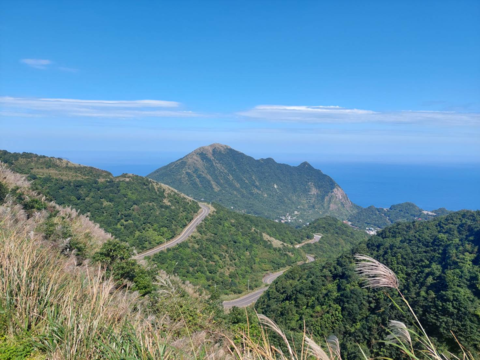 九份山城翻飞芒草花穗搭配层层叠叠山峦海岸令人惊艳