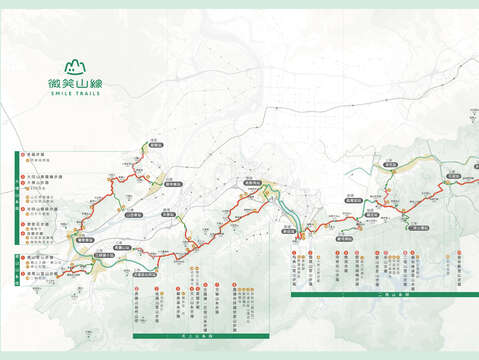 《微笑山線大縱走旅遊路線》透過大眾運輸串聯新北樹林、鶯歌、三峽、土城、中和、新店、深坑、石碇及平溪九大行政區，總步行距離108公里
