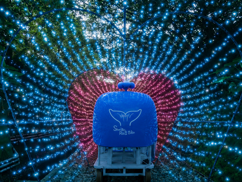 浪漫指數破表！深澳鐵道自行車隱藏版「鯨魚車」駛入夢幻的璀璨愛心光廊，為暑假限定的夜間騎行營造出滿滿的幸福氛圍。