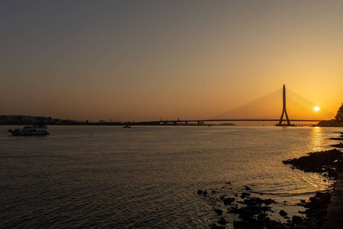 夕照淡江大橋與淡水-八里渡輪