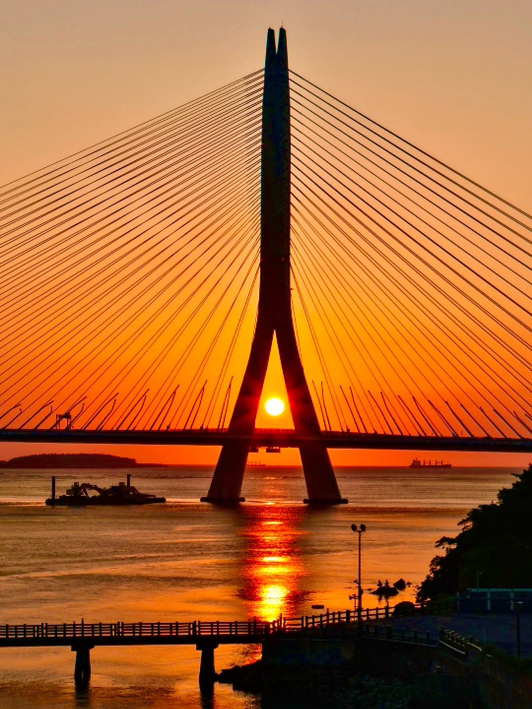 夕陽落入橋塔之間，金黃色的光芒染紅了整片淡水河面 