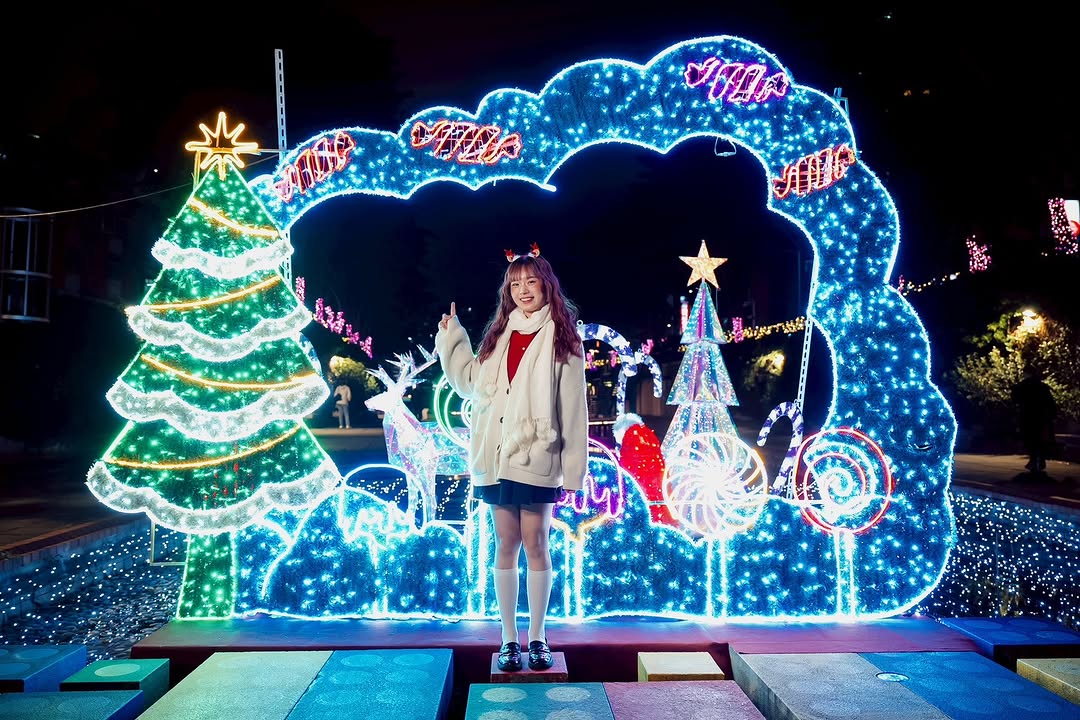 粉紫色燈海沿著河岸一路延伸行道樹染上漸層光影~