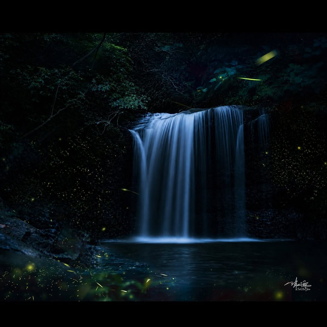 黑夜裡點點點綴的綠色螢光，是深山水幕旁最浪漫的銀河星海