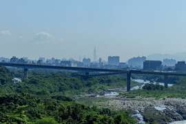 橫跨大漢溪、遠眺溪谷與臺北市的天際線